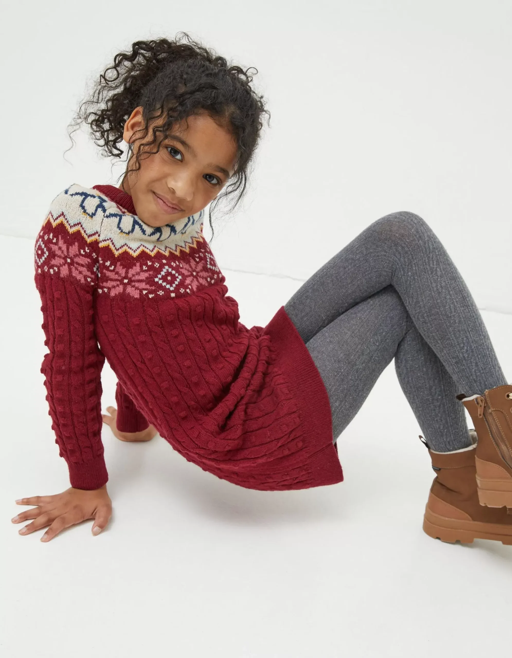 FatFace Pippa Penguin Knitted Jumper Dress Dark Red Sale