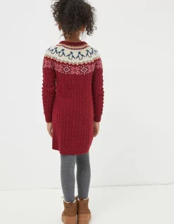 FatFace Pippa Penguin Knitted Jumper Dress Dark Red Sale