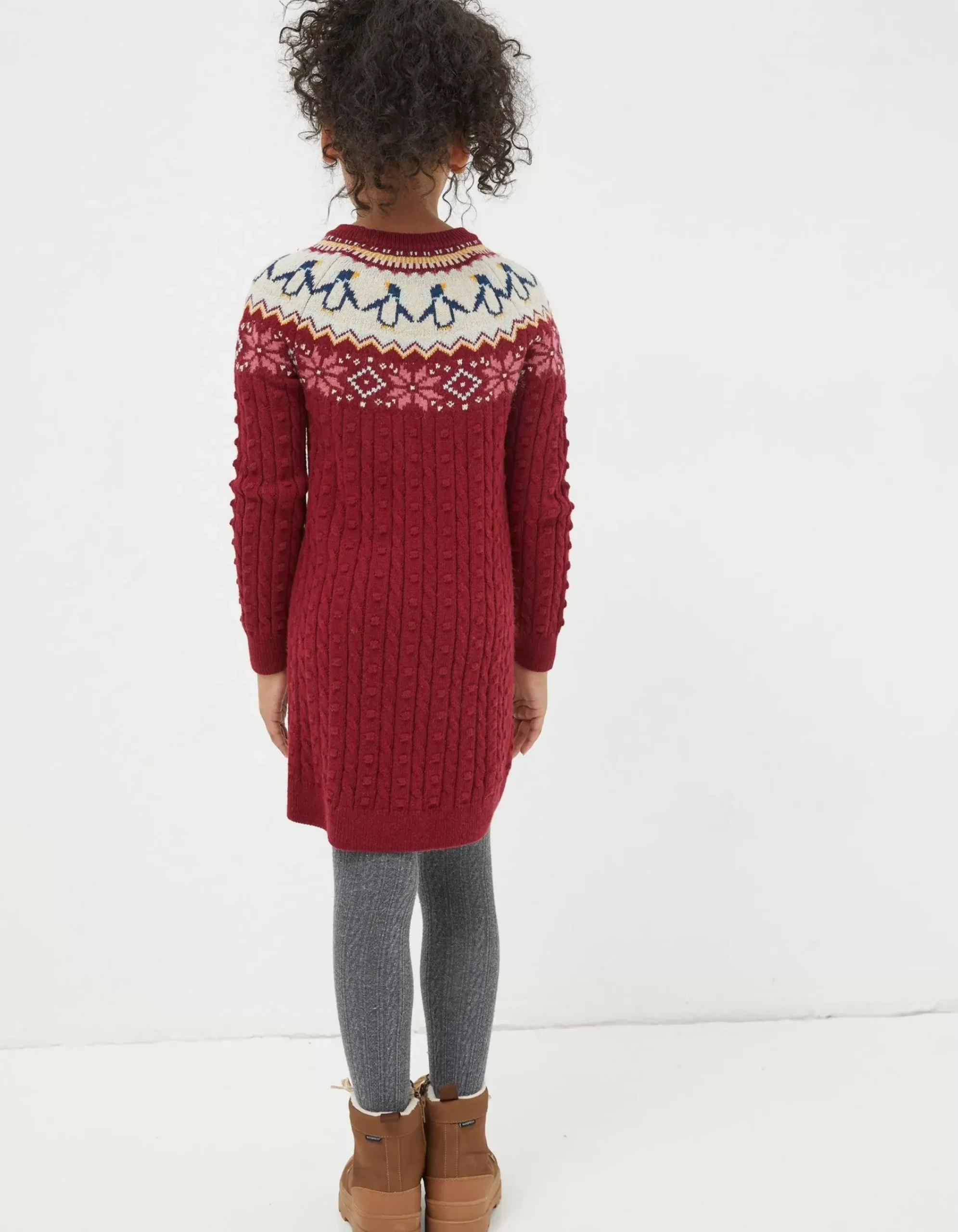 FatFace Pippa Penguin Knitted Jumper Dress Dark Red Sale