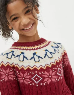 FatFace Pippa Penguin Knitted Jumper Dress Dark Red Sale