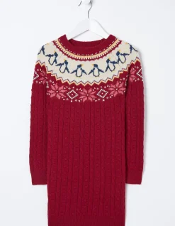 FatFace Pippa Penguin Knitted Jumper Dress Dark Red Sale