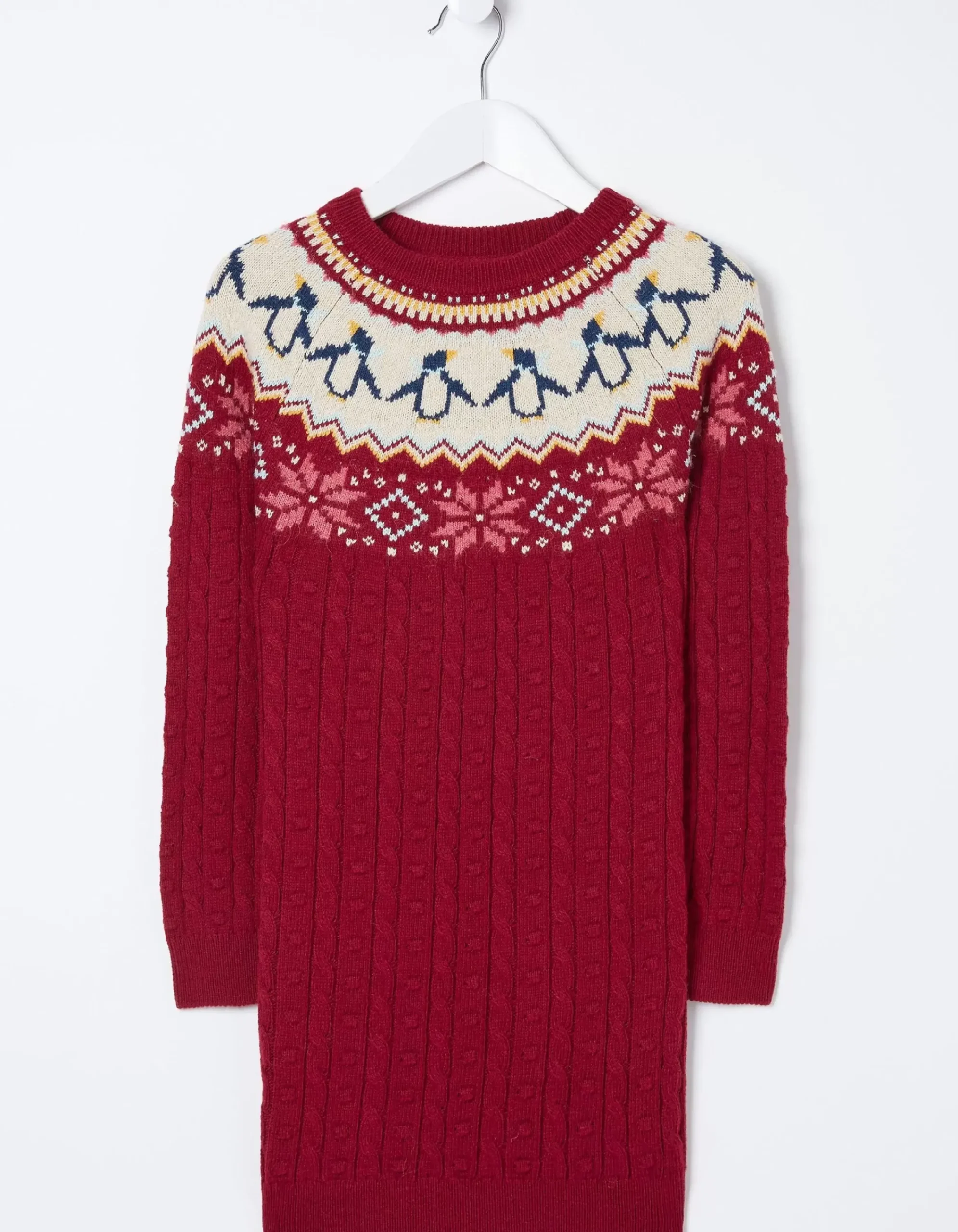 FatFace Pippa Penguin Knitted Jumper Dress Dark Red Sale