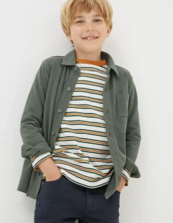 FatFace Pique Long Sleeve Shirt Khaki Green New