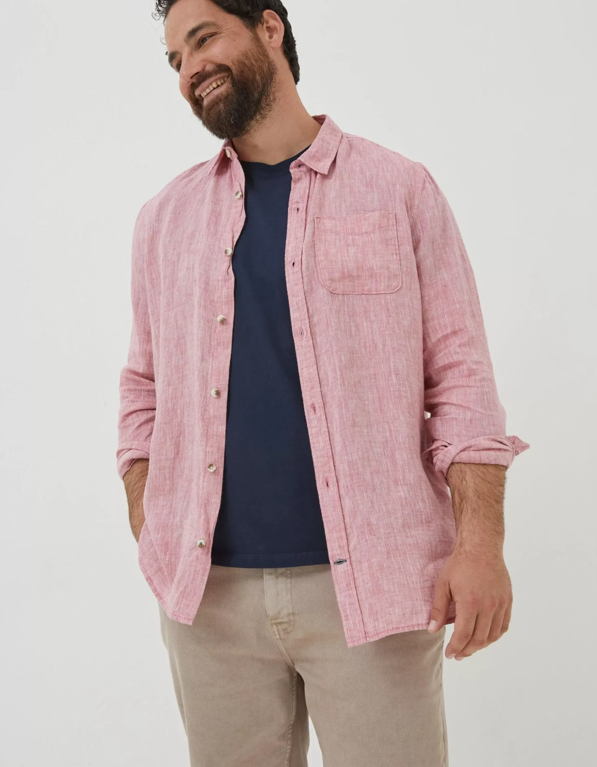 FatFace Plain Linen Shirt Rose Pink Hot