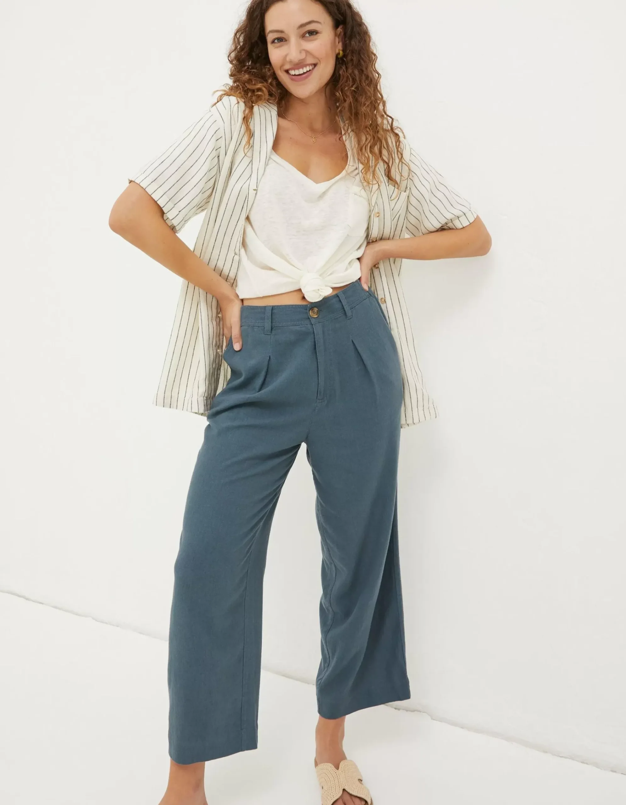 FatFace Portloe Linen Blend Trousers Teal Blue Outlet