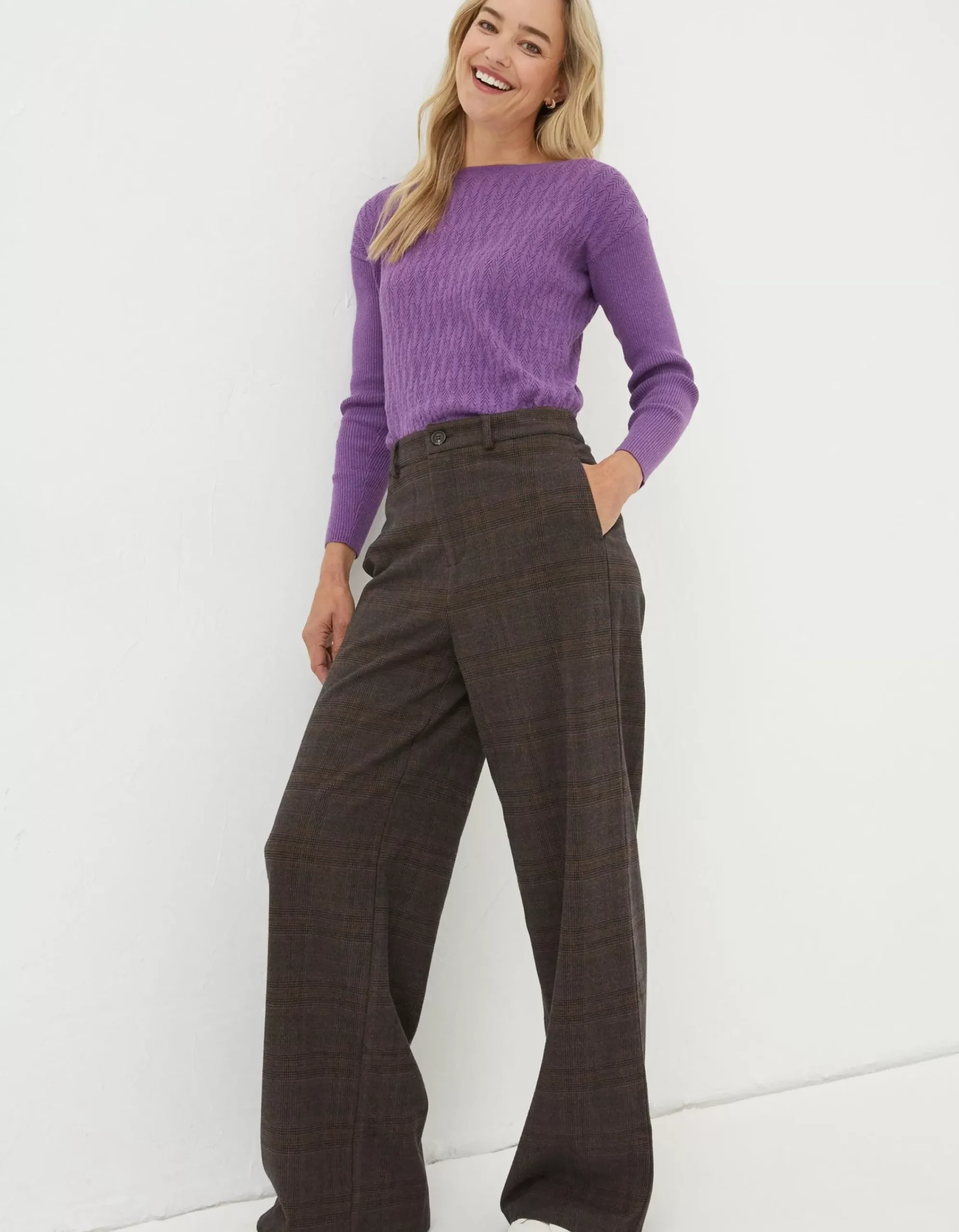 FatFace Presley Check Wide Leg Trousers Purple Discount