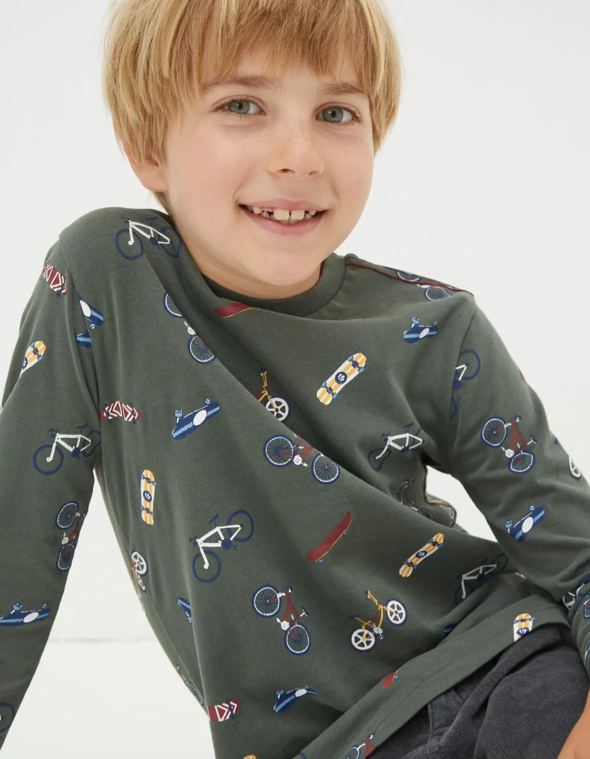 FatFace Printed Long Sleeve T-Shirt Khaki Green Clearance