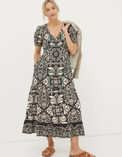 FatFace Priya Mosaic Leaf Midi Dress Black Outlet