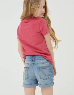 FatFace Rainbow Embroidered Denim Shorts Denim Blue Hot