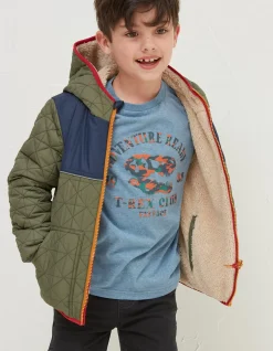 FatFace Reversible Quilted Jacket Khaki Green Outlet