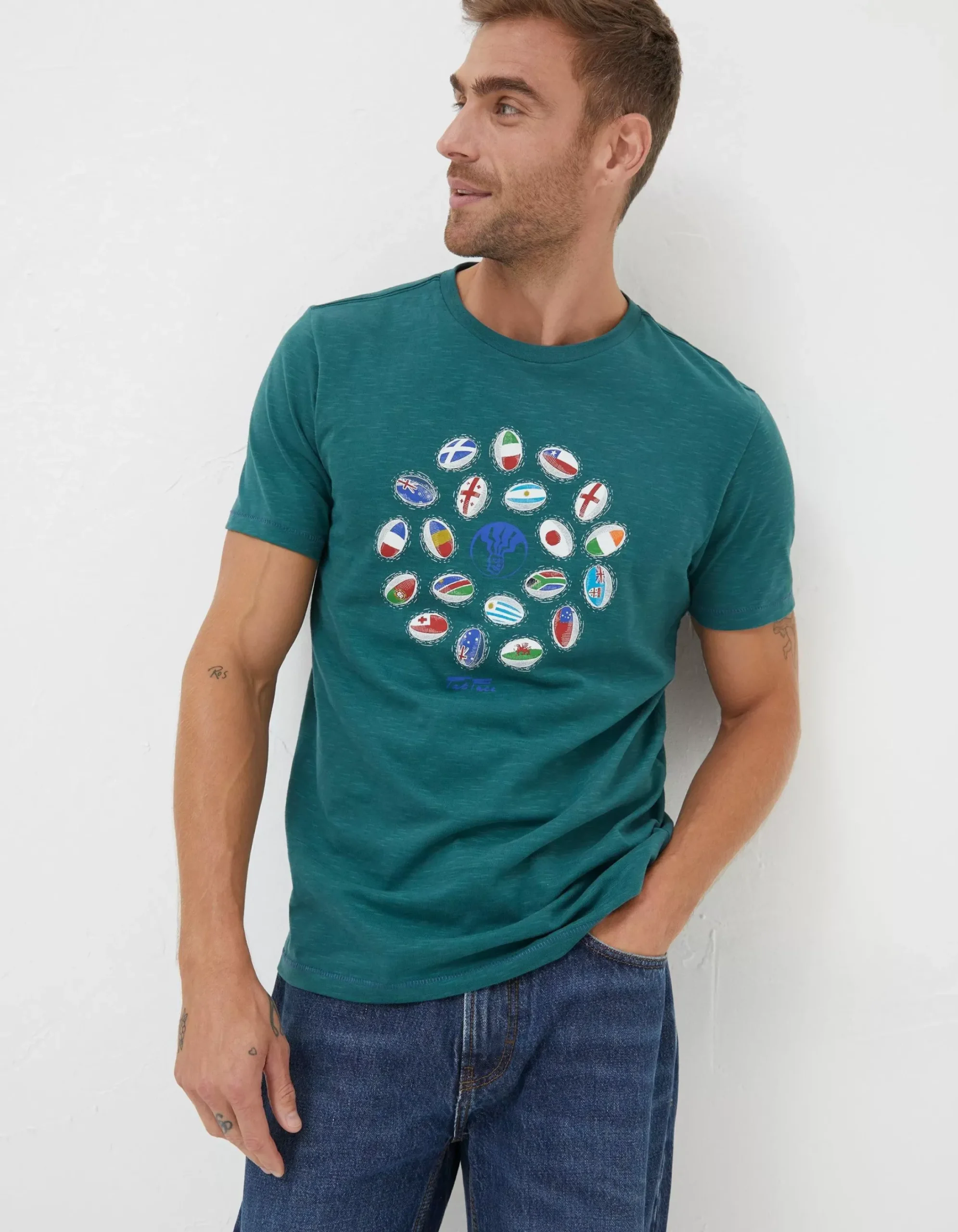 FatFace Rugby Ball Flags T-Shirt Jade Green Discount