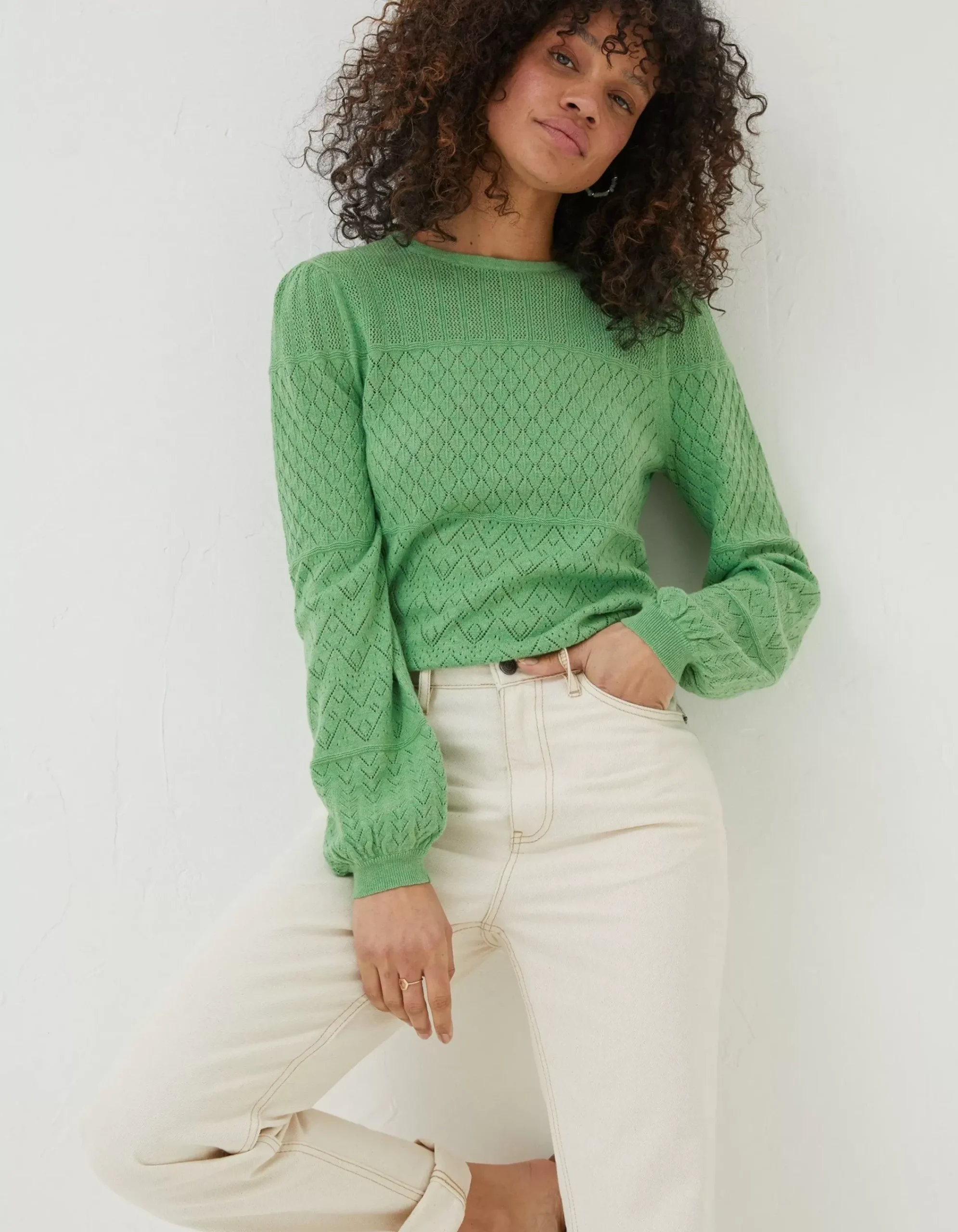 FatFace Sadie Pointelle Jumper Green Outlet