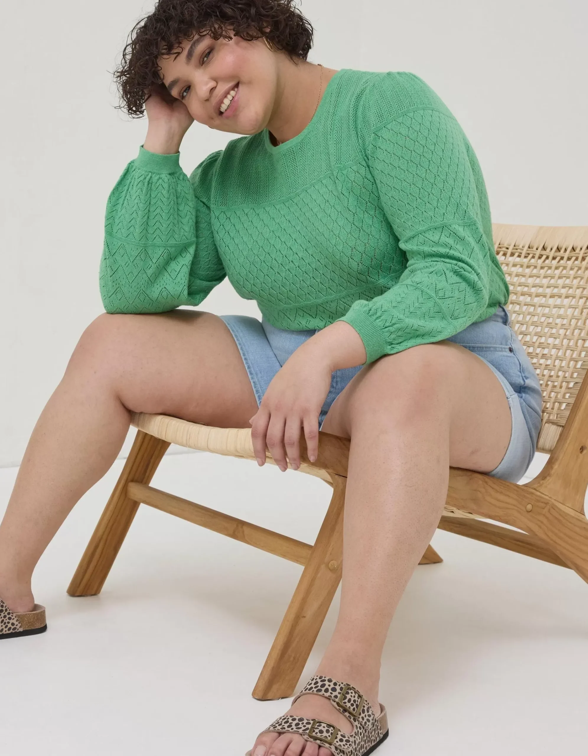 FatFace Sadie Pointelle Jumper Green Outlet