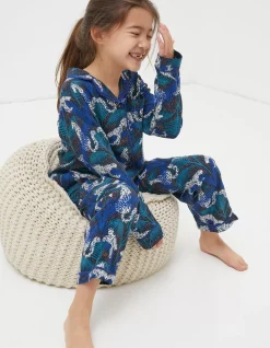 FatFace Sadie Snow Leopard Woven Pyjama Set Navy Clearance