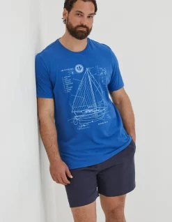 FatFace Sail Boat Sketch T-Shirt Cobalt Blue Hot