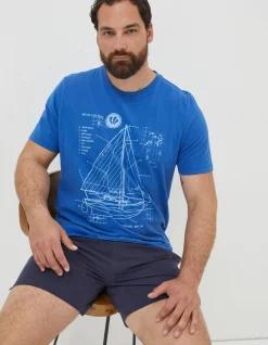 FatFace Sail Boat Sketch T-Shirt Cobalt Blue Hot