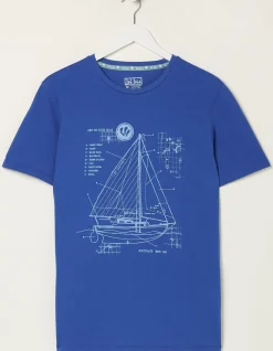 FatFace Sail Boat Sketch T-Shirt Cobalt Blue Hot
