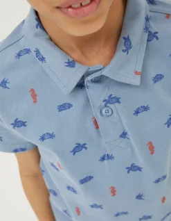 FatFace Sea Creatures Printed Polo Top Light Blue
