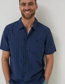 FatFace Self Stripe Revere Shirt Navy Sale