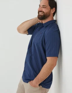 FatFace Self Stripe Revere Shirt Navy Sale