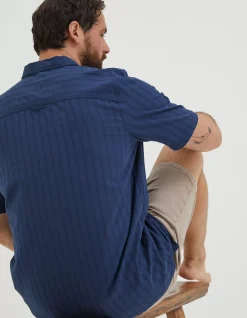 FatFace Self Stripe Revere Shirt Navy Sale