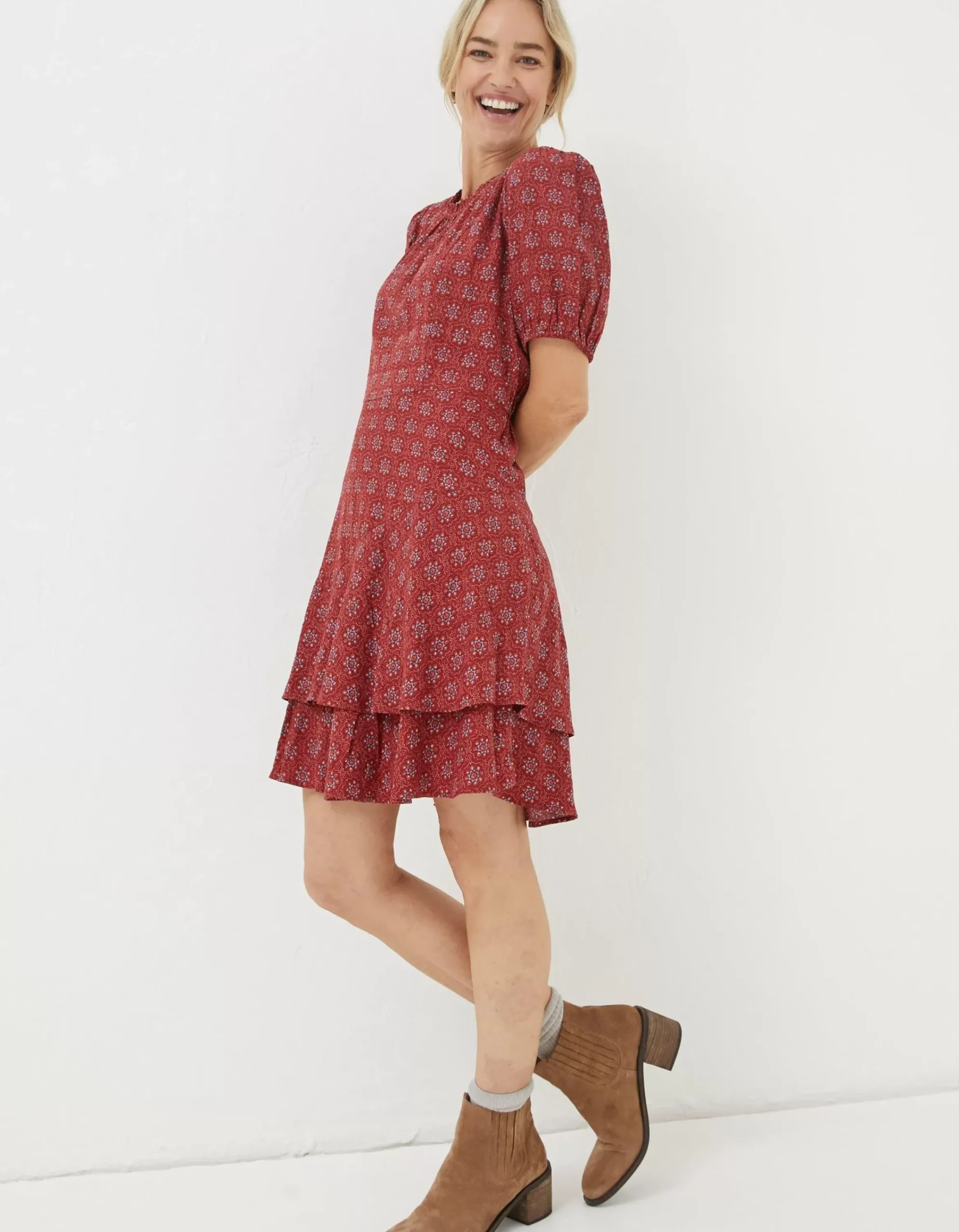FatFace Shaney Craft Geo Dress Raspberry Red Clearance