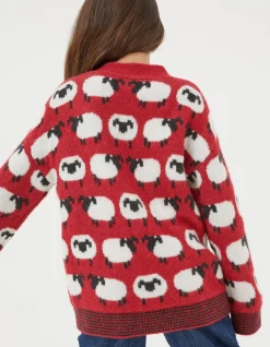 FatFace Shelter Stevie Sheep Crew Neck Jumper Cherry Red Best