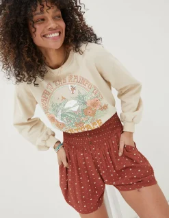 FatFace Shirred Clip Geo Shorts Rust Red New