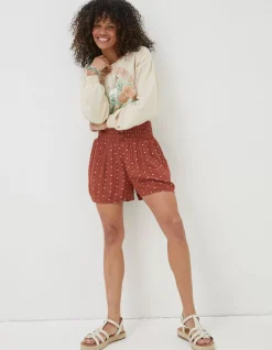 FatFace Shirred Clip Geo Shorts Rust Red New