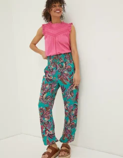 FatFace Shirred Festival Trousers Teal Green New