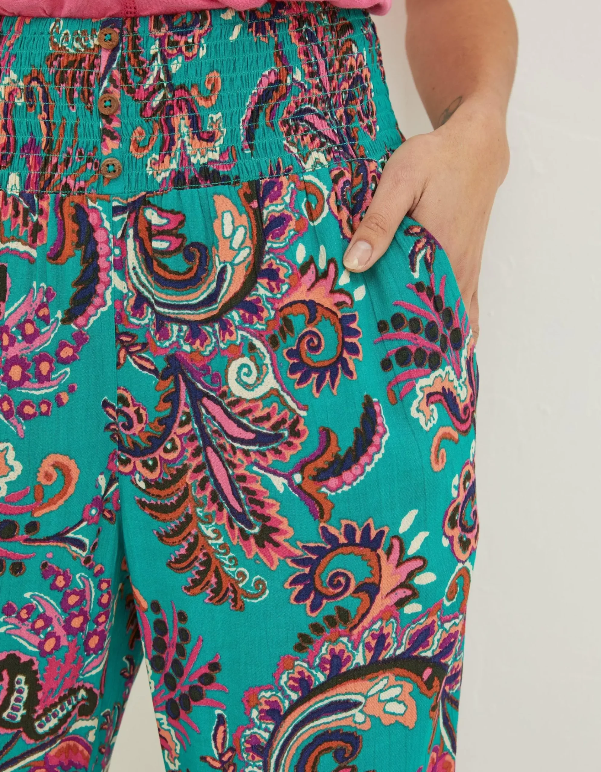 FatFace Shirred Festival Trousers Teal Green New