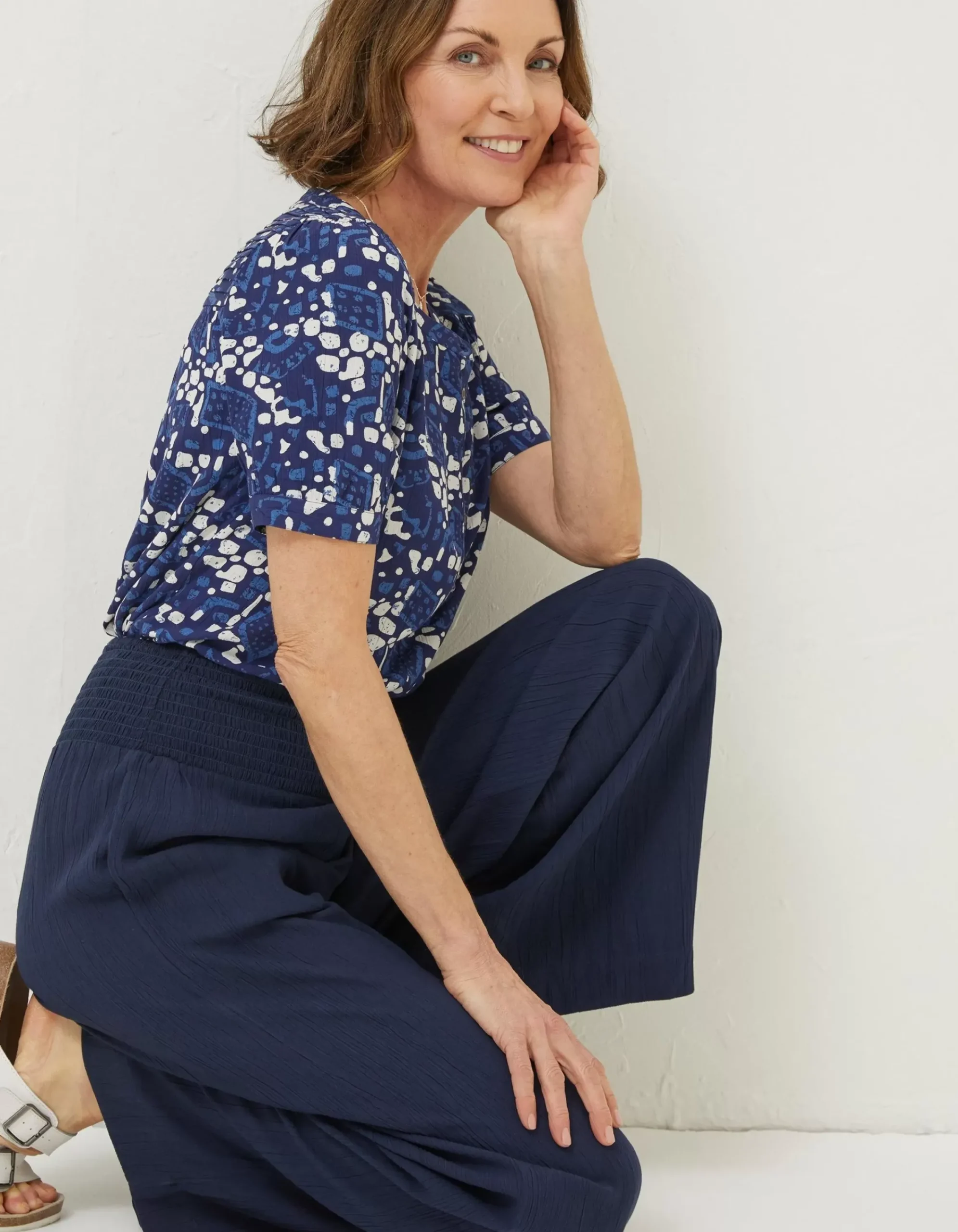 FatFace Shirred Plain Palazzo Trousers Navy Clearance