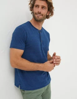 FatFace Short Sleeve Indigo Texture Henley Indigo Blue Sale