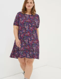 FatFace Simone Abstract Jersey Dress Purple Discount