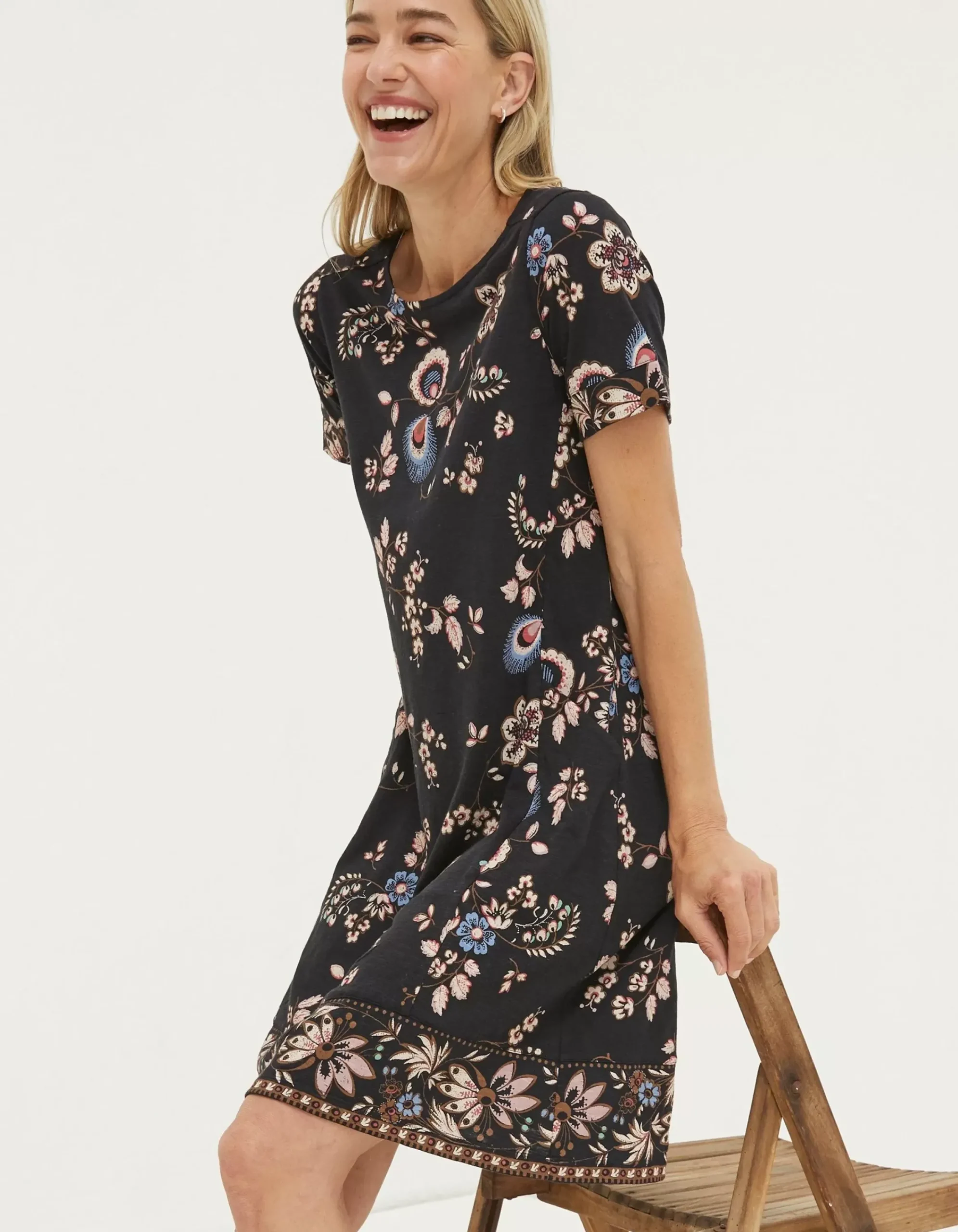 FatFace Simone Floral Jersey Dress Black Clearance