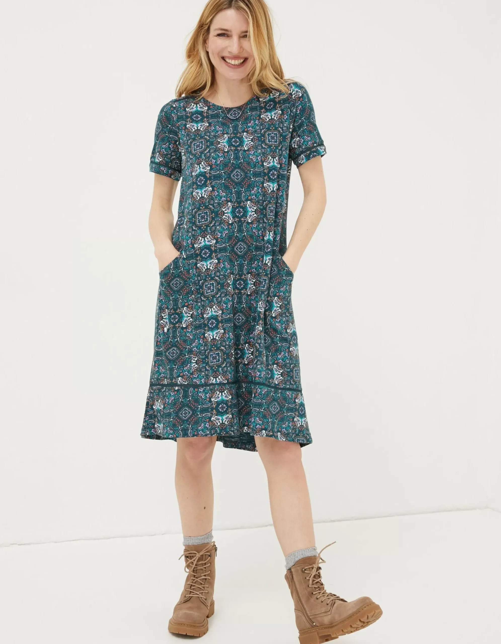 FatFace Simone Mirrored Jersey Dress Teal Green New