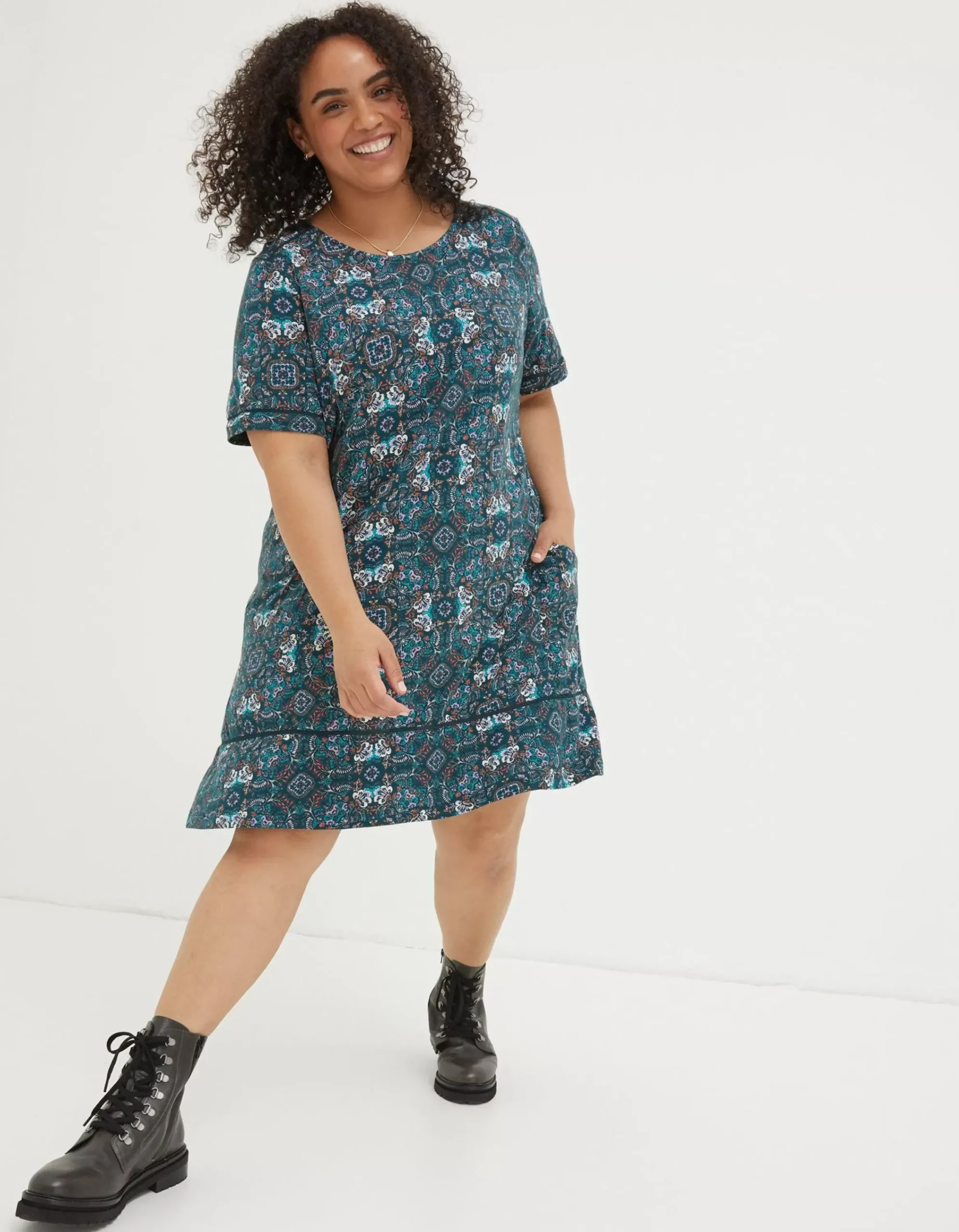 FatFace Simone Mirrored Jersey Dress Teal Green New