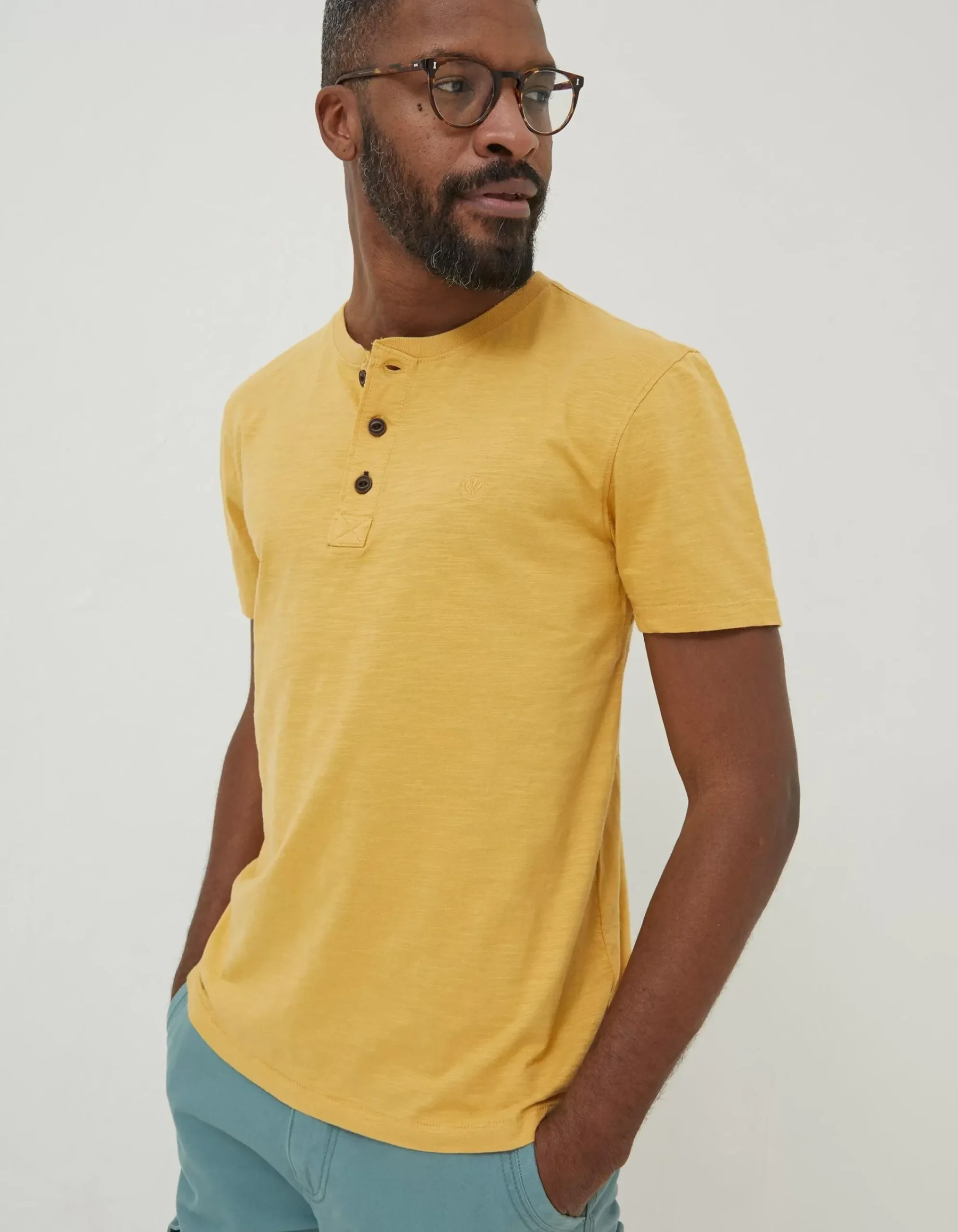 FatFace Slub Henley T-Shirt Yellow Sale