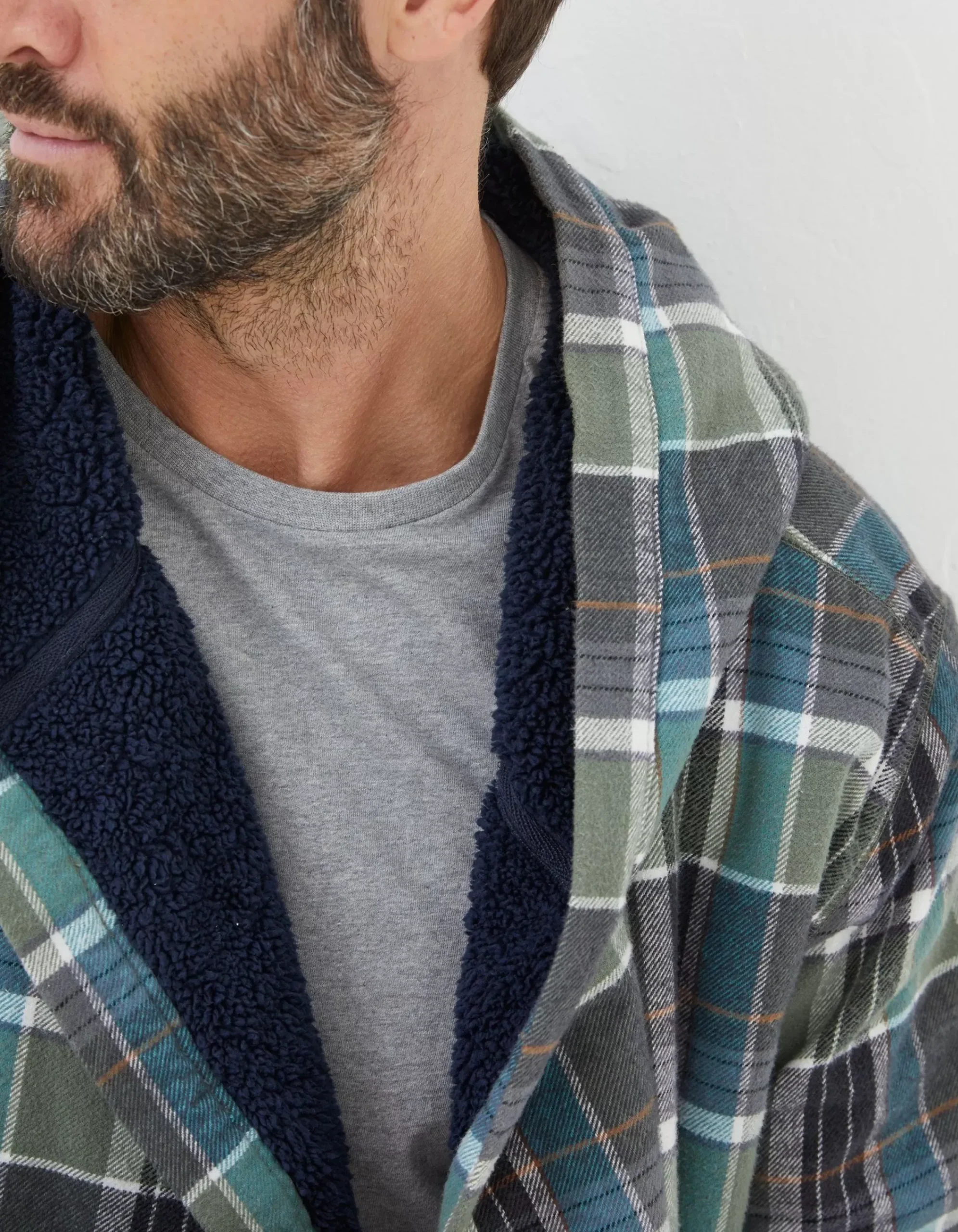 FatFace Southsea Fleece Checked Robe Khaki Green Outlet