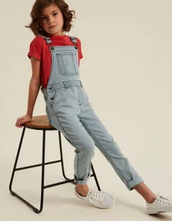 FatFace Stripe Denim Dungarees Ecru New