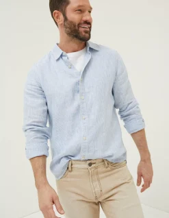 FatFace Stripe Linen Shirt Chambray Blue Sale
