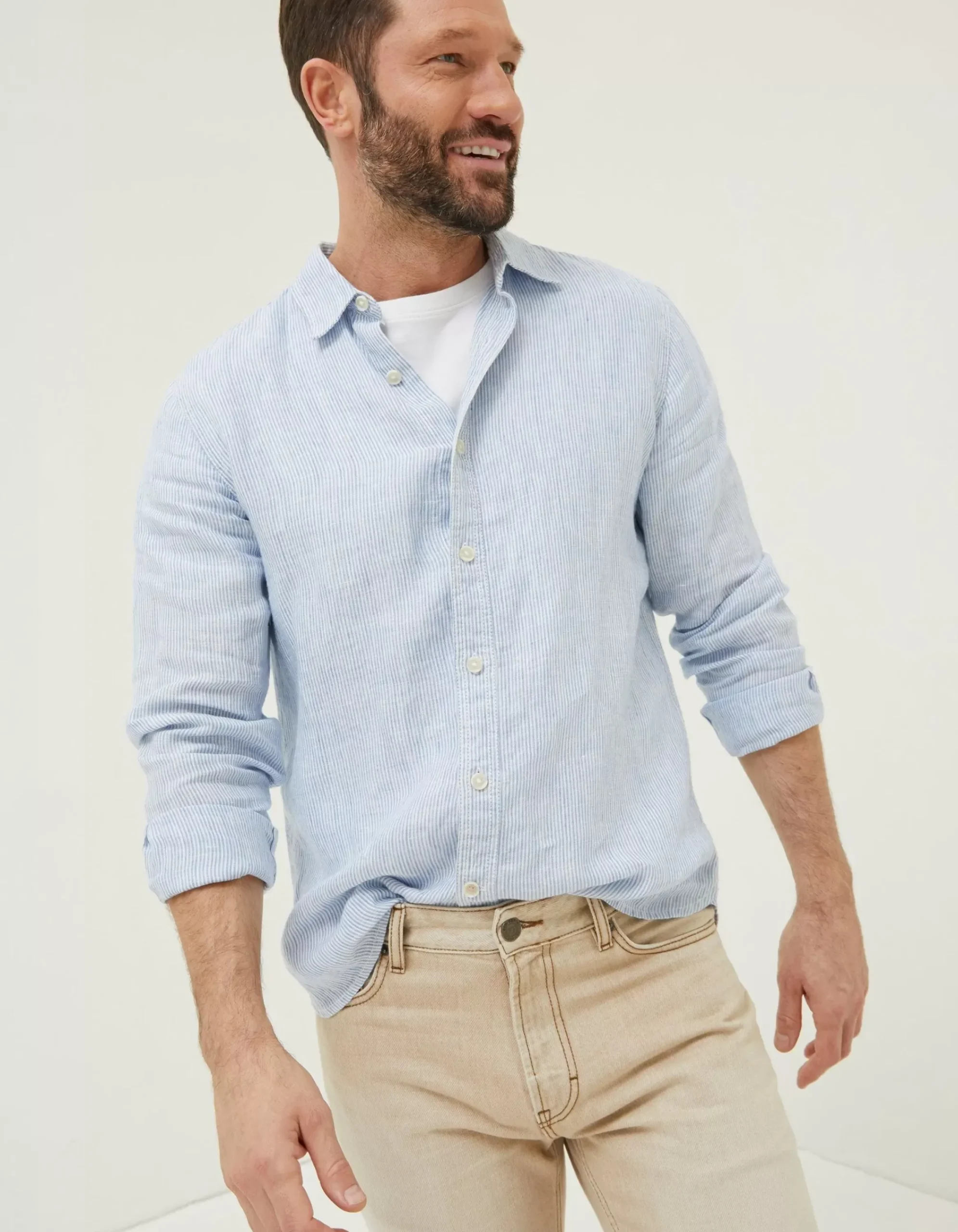 FatFace Stripe Linen Shirt Chambray Blue Sale