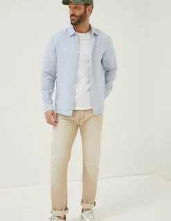 FatFace Stripe Linen Shirt Chambray Blue Sale
