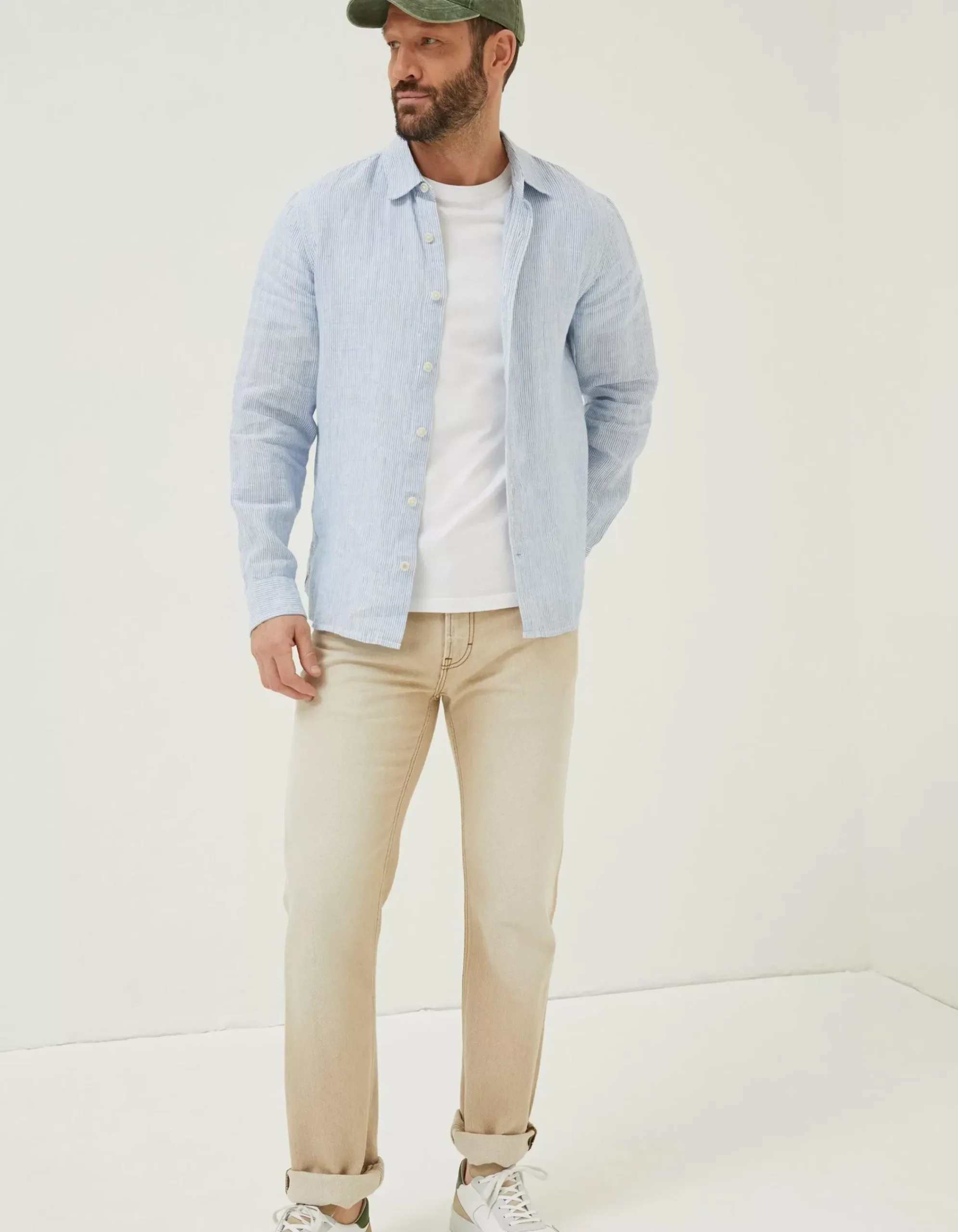 FatFace Stripe Linen Shirt Chambray Blue Sale