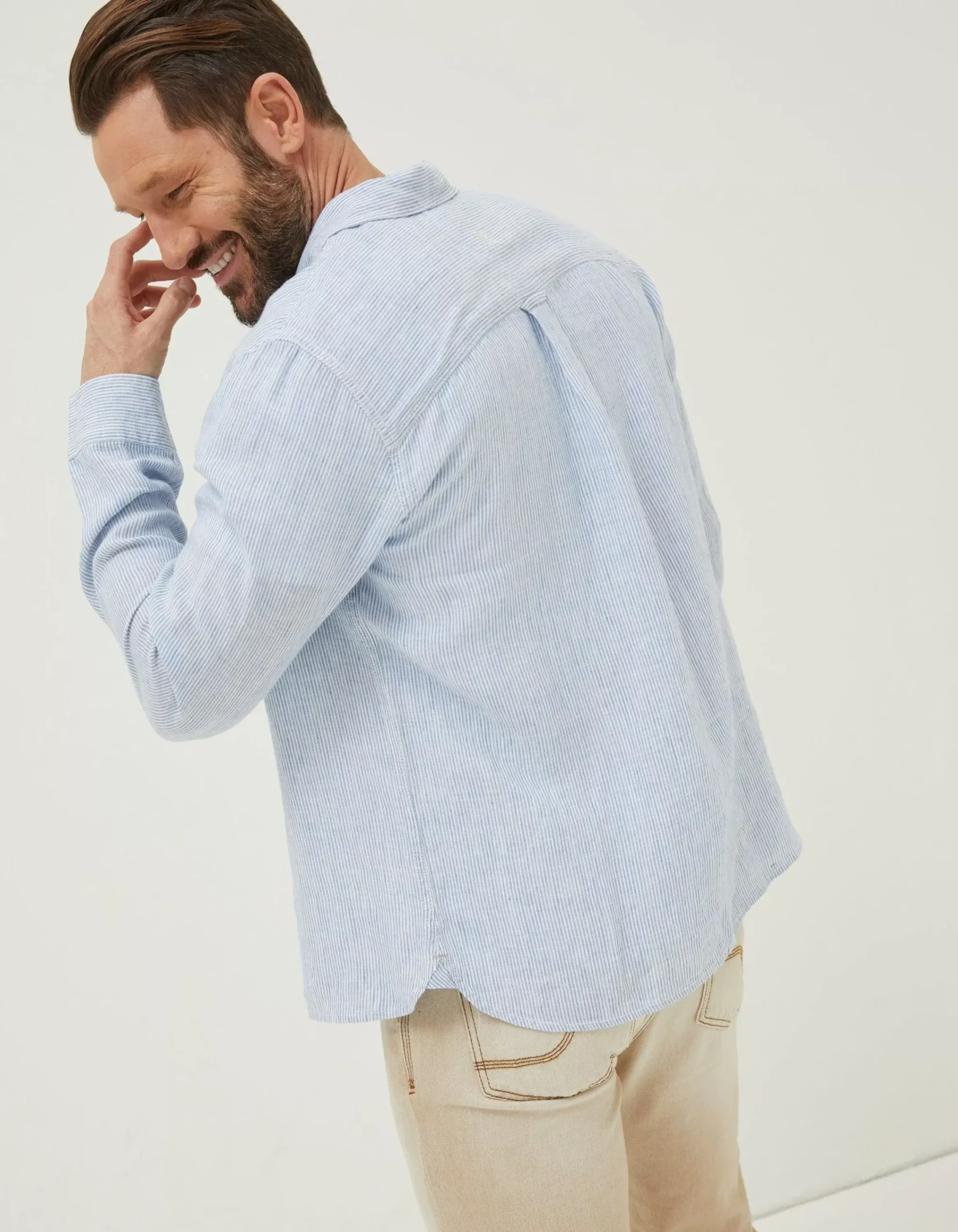 FatFace Stripe Linen Shirt Chambray Blue Sale