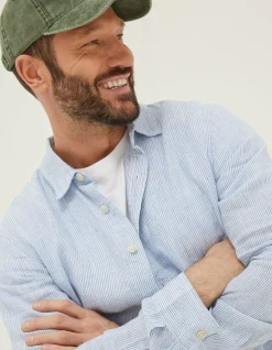 FatFace Stripe Linen Shirt Chambray Blue Sale