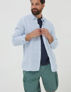FatFace Stripe Linen Shirt Chambray Blue Sale