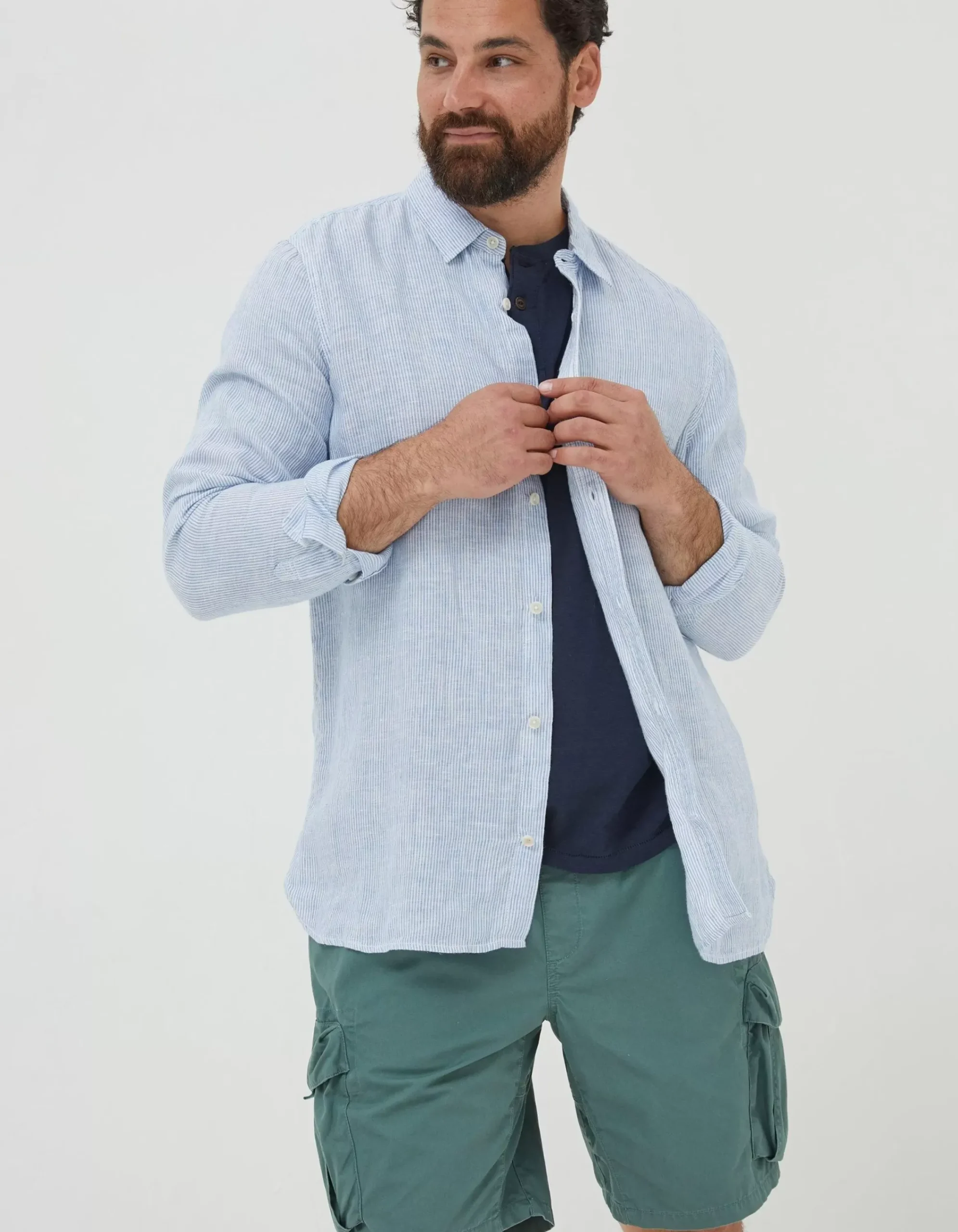 FatFace Stripe Linen Shirt Chambray Blue Sale