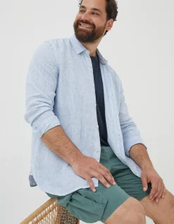 FatFace Stripe Linen Shirt Chambray Blue Sale