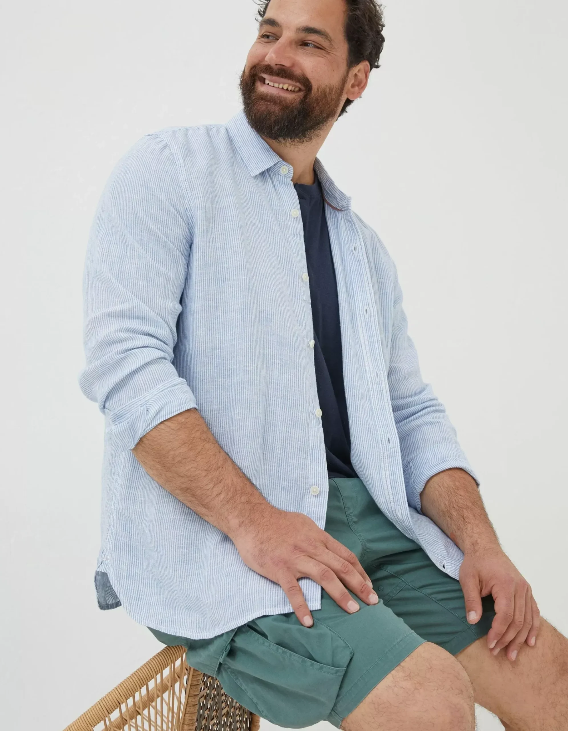 FatFace Stripe Linen Shirt Chambray Blue Sale